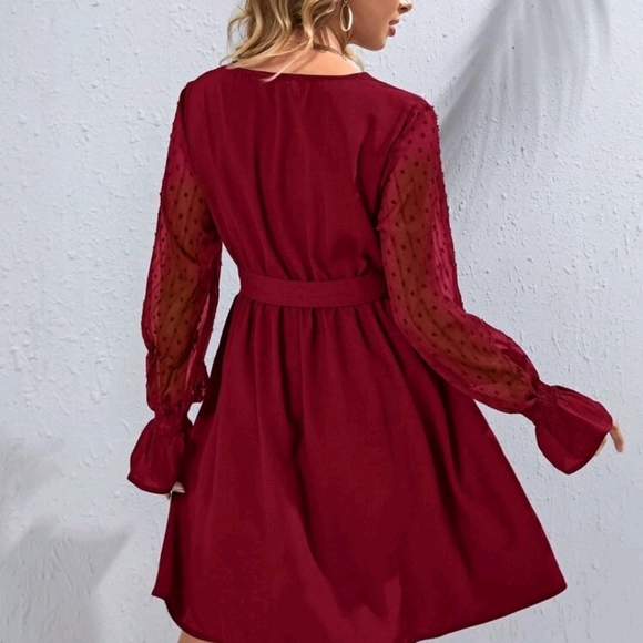 Maternity Contrast Swiss dot mesh Belted Flounce Sleeve dress - Picture 2 of 6